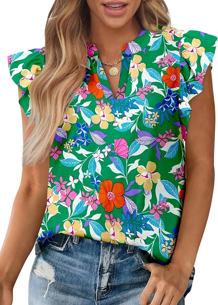 Zenlonr Womens Dressy Casual Tops 2025 Summer Ruffle Cap Sleeve V Neck Shirts Boho Floral Blouses... | Amazon (US)