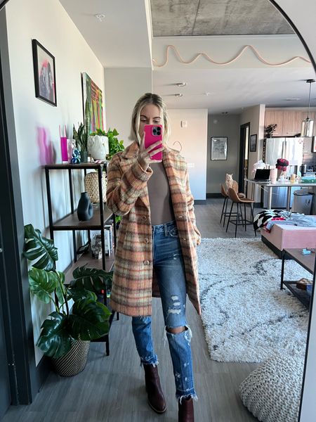 Plaid coat, plaid pea coat, spring coat, casual outfit, brown bodysuit, abercrombie outfit, abercrombie mom jeans, Marc fisher booties, spring outfit, light peach and tan coat, spring colors 

#LTKfindsunder50 #LTKSeasonal #LTKSpringSale