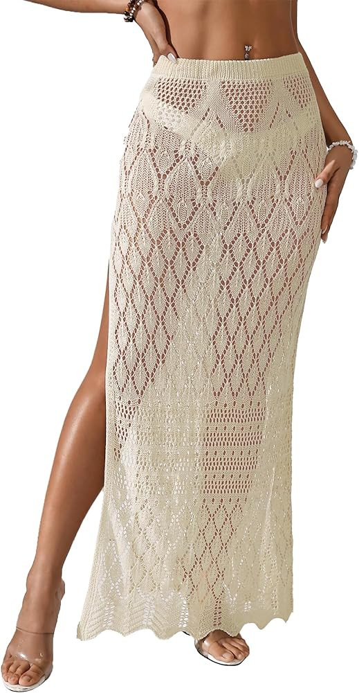 Women's Crochet Swim Cover Up High Slit Mesh Sheer Long Beach Skirt Bikini Coverup Summer Bathing... | Amazon (US)