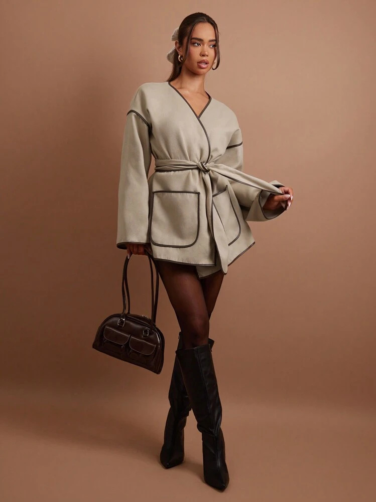 COSMINA Women's Casual Contrast Color Trim Woolen Coat, Autumn/Winter | SHEIN