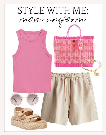 The perfect comfy and cute but stylish summer mom uniform outfit! 

#momstyle

Busy mom outfit. Summer style. Elevated casual summer outfit. Linen shorts. How to style linen shorts for summer. Raffia strappy sandals. Pink woven summer tote  

#LTKFindsUnder100 #LTKStyleTip #LTKSeasonal