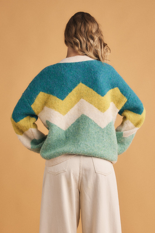 Zig Zag Knit Cardigan in Blue Grey | Bohemian Traders