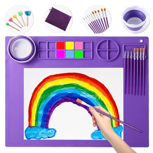 DIYDEC Silicone Art Mat 20x16 Inch - Large Silicone Painting Mat with Detachable Cup, 10 Painting Brushes, 5 Sponge Brushes - Kids & Adult DIY Accessories (Purple) | Amazon (US)