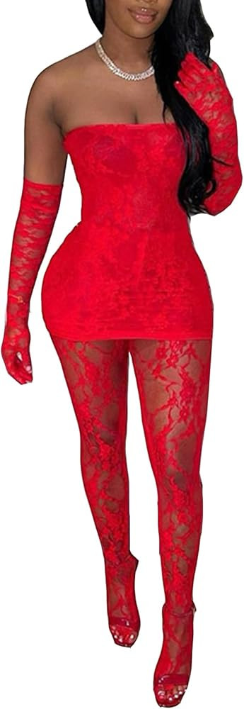 Mojessy Sexy 2 Piece Outfits for Women Clubwear Lace Tube Mini Dress Top with Stockings Set Birth... | Amazon (US)