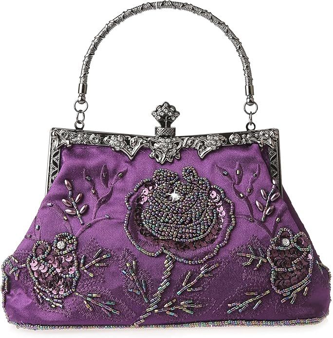Womens Vintage Floral Beaded Rhinestone Embroidery Clutch Sequin Crossbody Bag Evening Handbag fo... | Amazon (US)