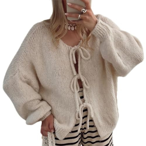 Women’s Bow Tie Oversized Sweater Y2k V Neck Knit Cardigan Cute Long Sleeve Pullover Top Beige | Amazon (US)