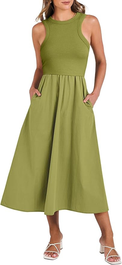 ANRABESS Women's Summer Casual Sleeveless Midi Sundress Patchwork Knit High Neck Tank Top Racerba... | Amazon (US)