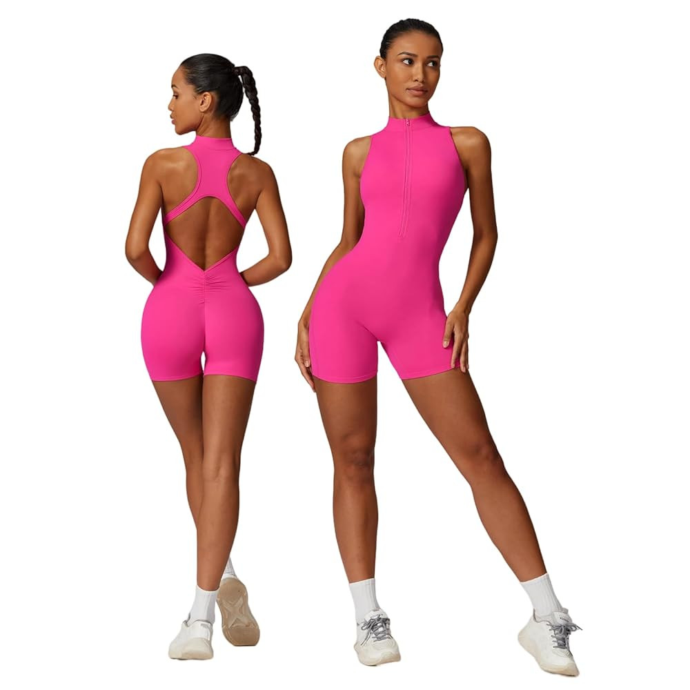 Sleeveless Workout Jumpsuit for Women Zip Up Romper Shorts V Back Scrunch Sexy One Piece | Amazon (US)