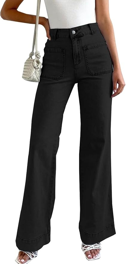 LOLONG Jeans for Women 2024 High Waisted Flare Casual Wide Leg Denim Pants Baggy with Patch Pocke... | Amazon (US)