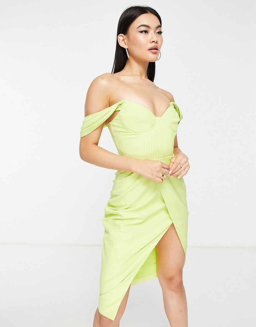 Lavish Alice pleat detail bardot midi dress in lime green | ASOS (Global)