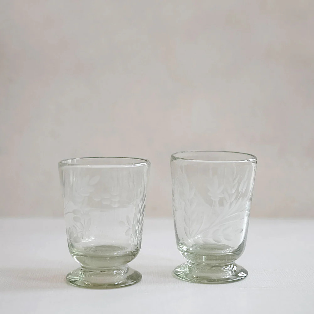 Hand-etched Footed Floral Glassware | Roan Iris