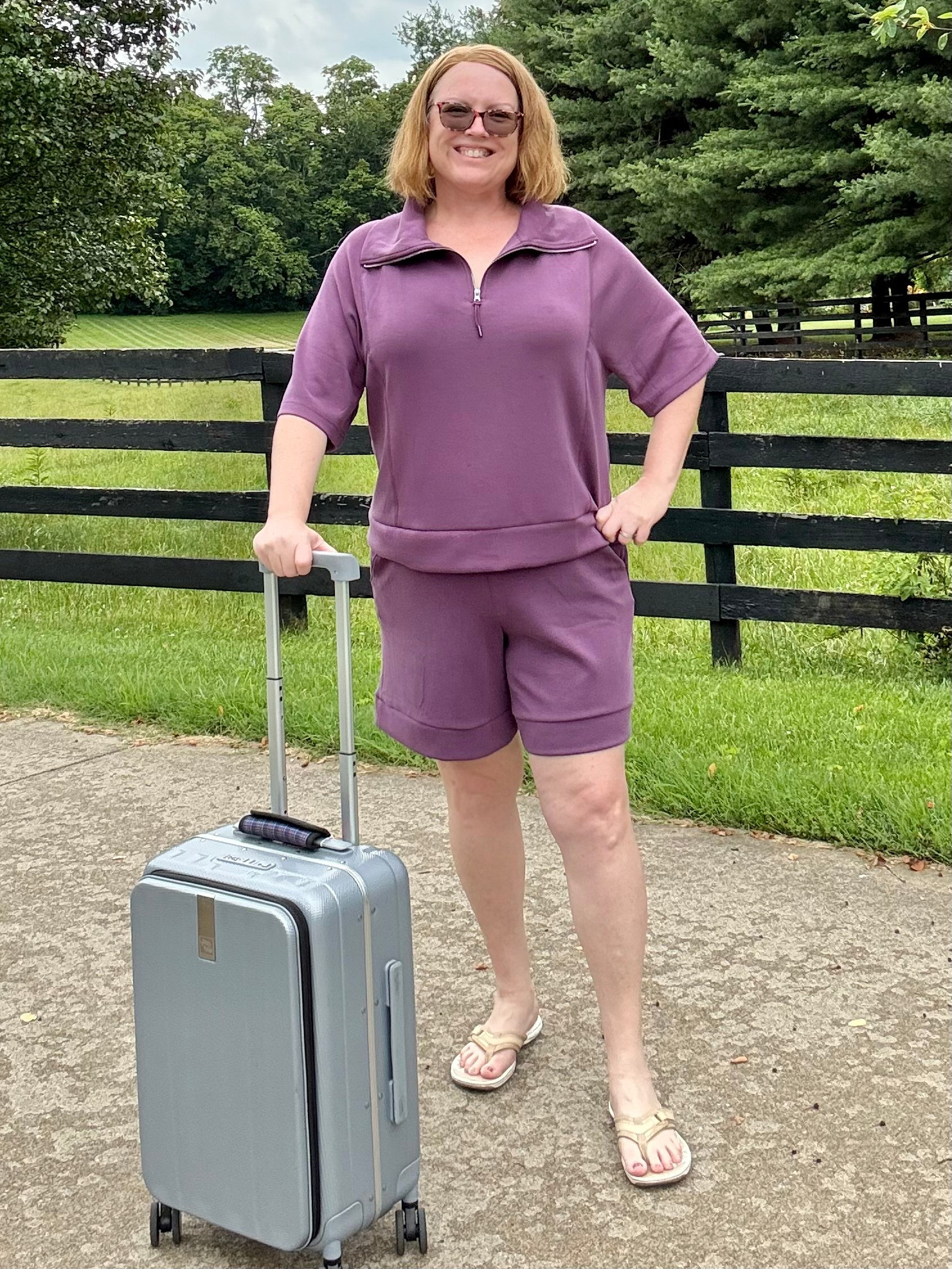 Just grabbed this scuba fabric set in plum! The feature you can’t see…there’s an open pocket as well as a zippered pocket on each side of these shorts! Travel dream!!! The shorts are roomy but not overly baggy. #traveloutfit #matchingset #summeroutfit #loungewear 

#LTKPlusSize #LTKTravel #LTKMidsize
