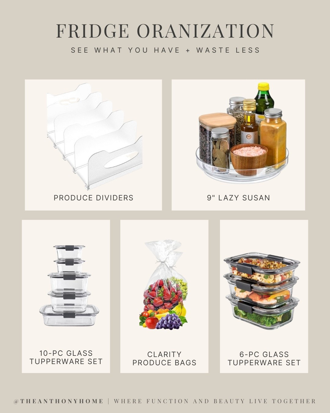 Hosting without the overwhelm literally starts in the fridge. 🙌🏼
These are the exact pieces I use to see what we have, waste less, and stop losing produce in the back corner:
    •    Clear produce dividers – keep citrus, berries, and veggies in their own lanes so nothing gets buried.
    •    9" lazy Susan – perfect for condiments, dressings, and jars you’re constantly reaching for.
    •    Glass Tupperware sets – stackable, airtight, and actually pretty enough to open the fridge to guests.
    •    Clarity produce bags – keep greens + herbs fresh so they actually make it to the dinner table.
Tidy fridge = easier meal planning, calmer hosting, and way less food waste.
Tap to shop the exact items and start your own fridge reset. 🧺✨

#LTKhome #LTKorganize #LTKkitchen #fridgeorganization #fridgereset #organizedfridge #kitchenorganization #holidayhosting #thanksgivingprep #theanthonyhome

#LTKHoliday #LTKSeasonal #LTKHome