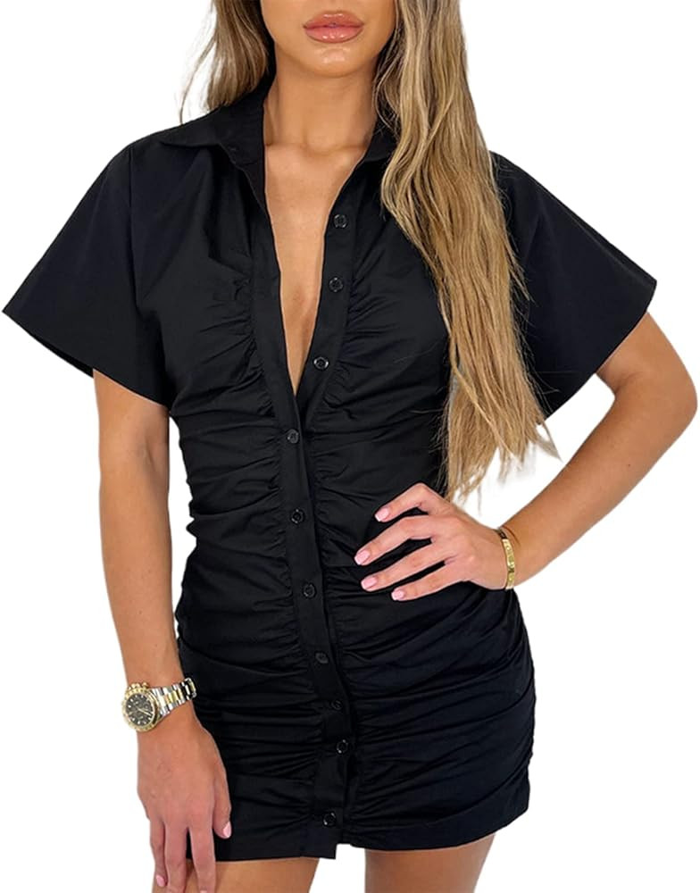 KOSUSANILL Women Y2K Solid Blouse Mini Dress Turn Down Short Sleeve Button Up Ruched Bodycon Shir... | Amazon (US)