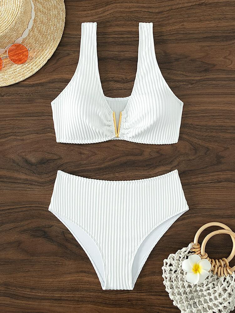 Plain Ribbed High Waisted Bikini Swimsuit | SHEIN