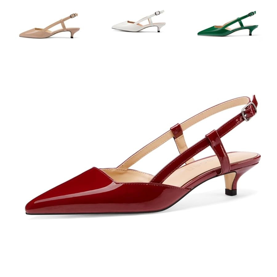 Women's Slingback Patent Leather Pointed Toe Strap Kitten Low Heel Pumps Shoes 1.5 Inch | Amazon (US)