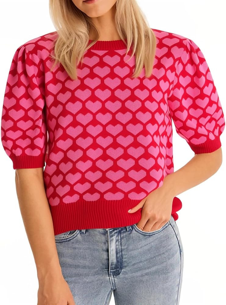 Women Puff Short Sleeve Sweater Casual Cropped Knit Shirts Cute Heart Holiday Valentines Knit Pul... | Amazon (US)