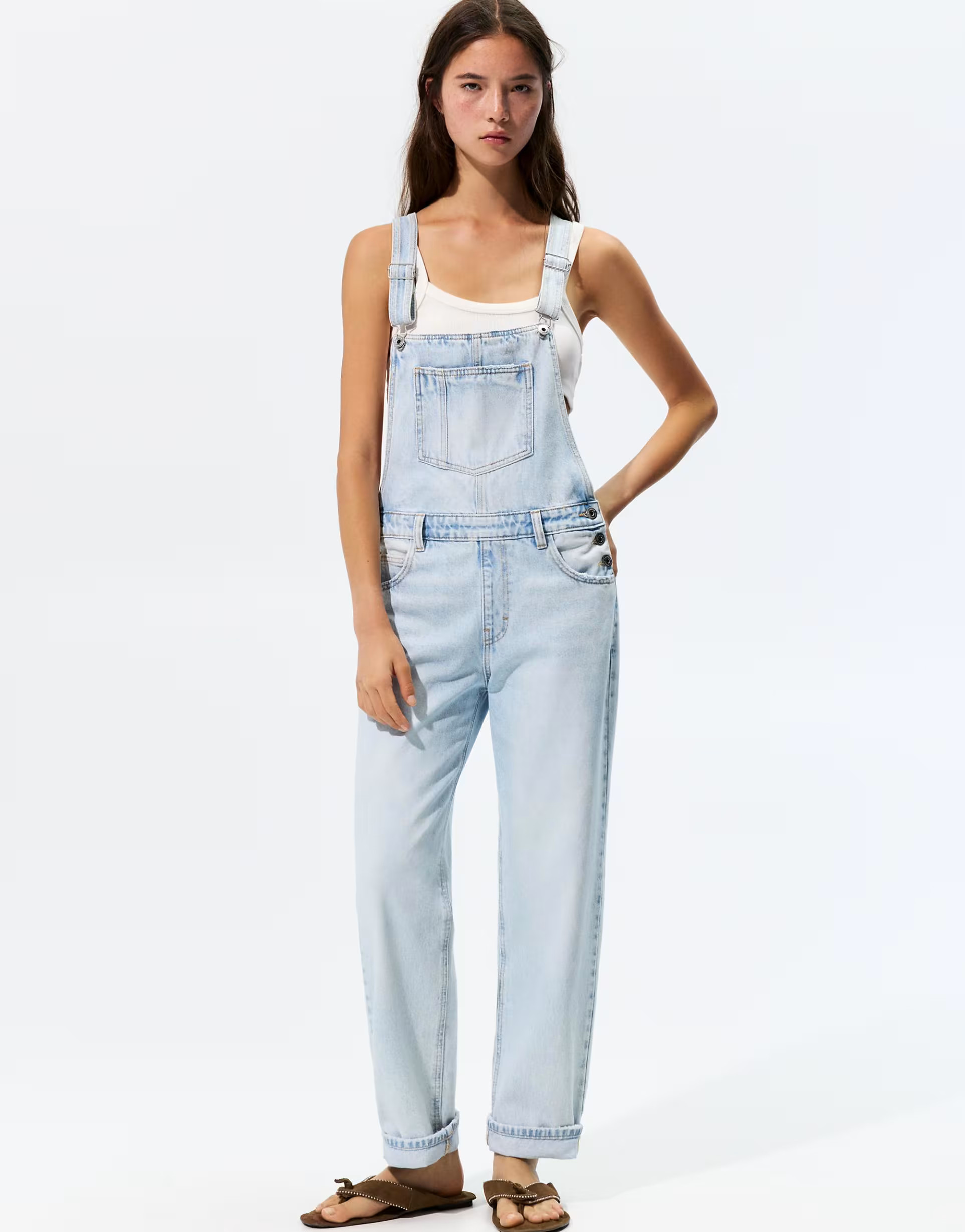 Pull&Bear long blue denim dungarees in pale blue | ASOS (Global)