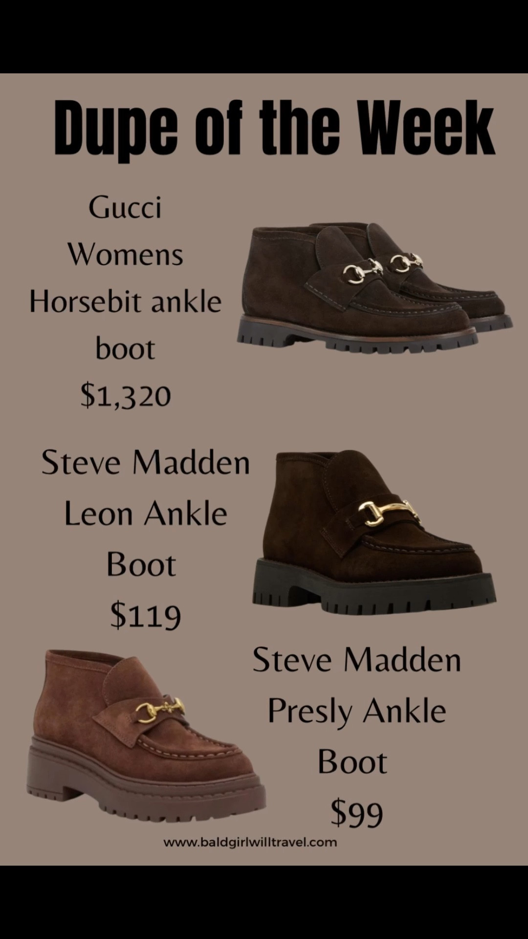 The Gucci Horsebit Ankle Boot is gorgeous, but at $1,320 it’s just not realistic for me. Luckily, Uncle Steve Madden came through with not one but TWO amazing dupes:

👢 The Leon Boot – $119
👢 The Presley Boot – currently on sale for $99 (and I’m loving it in olive suede!)

Both give you that chic loafer-meets-boot look, perfect with jeans, dress pants, or even skirts. Stylish, versatile, and fall/winter ready — without the Gucci price tag.

💛 Shop the original and the dupes right here in my LTK!


#LTKShoeCrush #LTKStyleTip #LTKOver40
