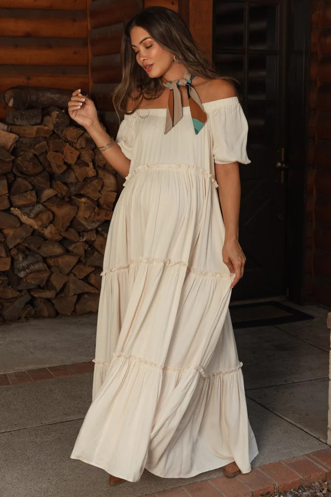 Cream Off Shoulder Ruffle Tiered Maternity Maxi Dress | PinkBlush Maternity