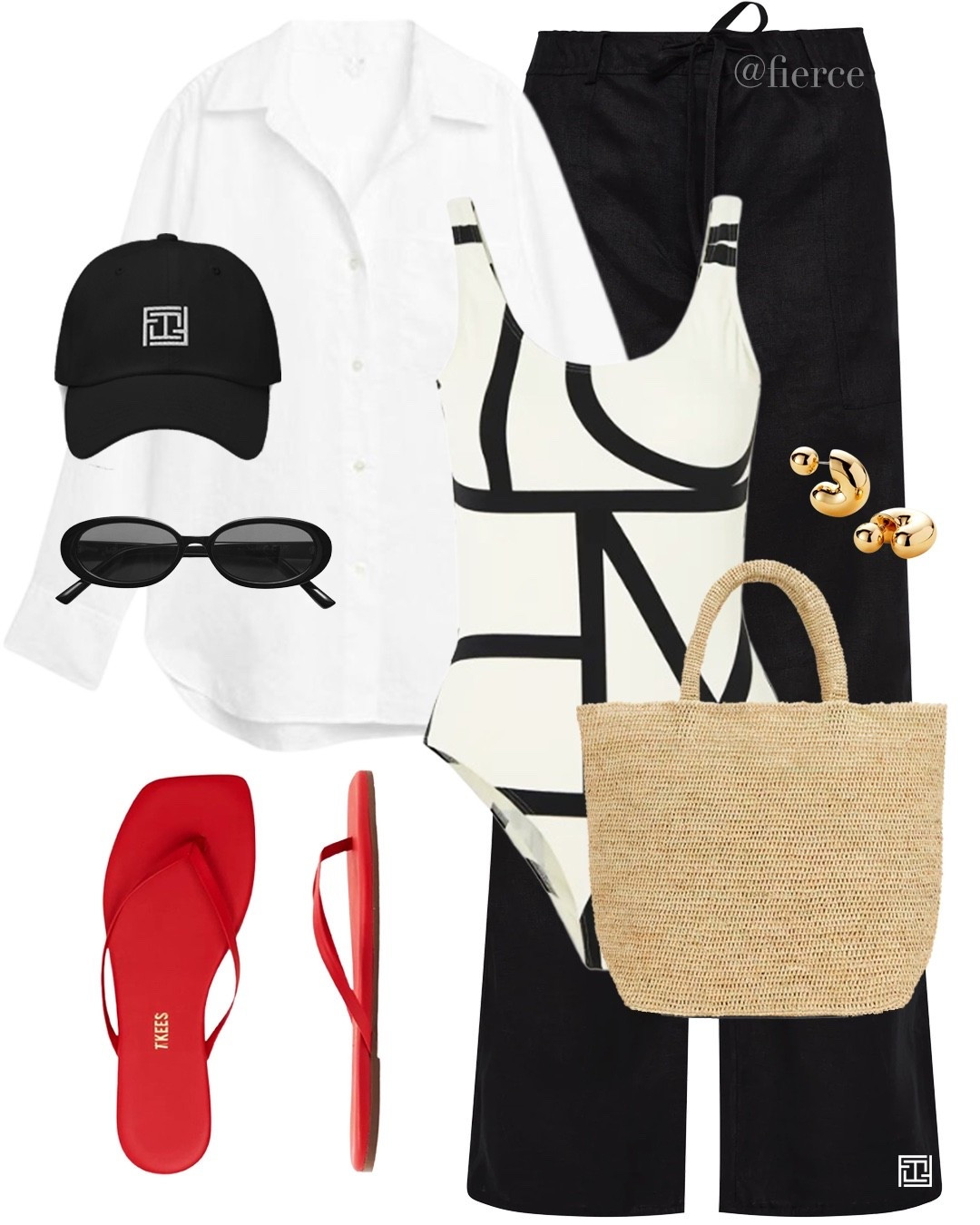 Toteme swimsuit black linen trousers red thong sandals raffia tote bag white linen shirt black oval sunglasses vacation beach holiday resort wear pool club

#LTKswimwear #LTKtravel #LTKuk