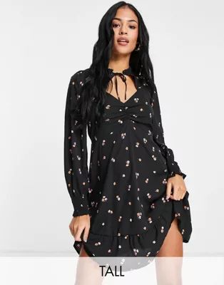 New Look Tall long sleeve dress with cut out detail in black floral | ASOS (Global)