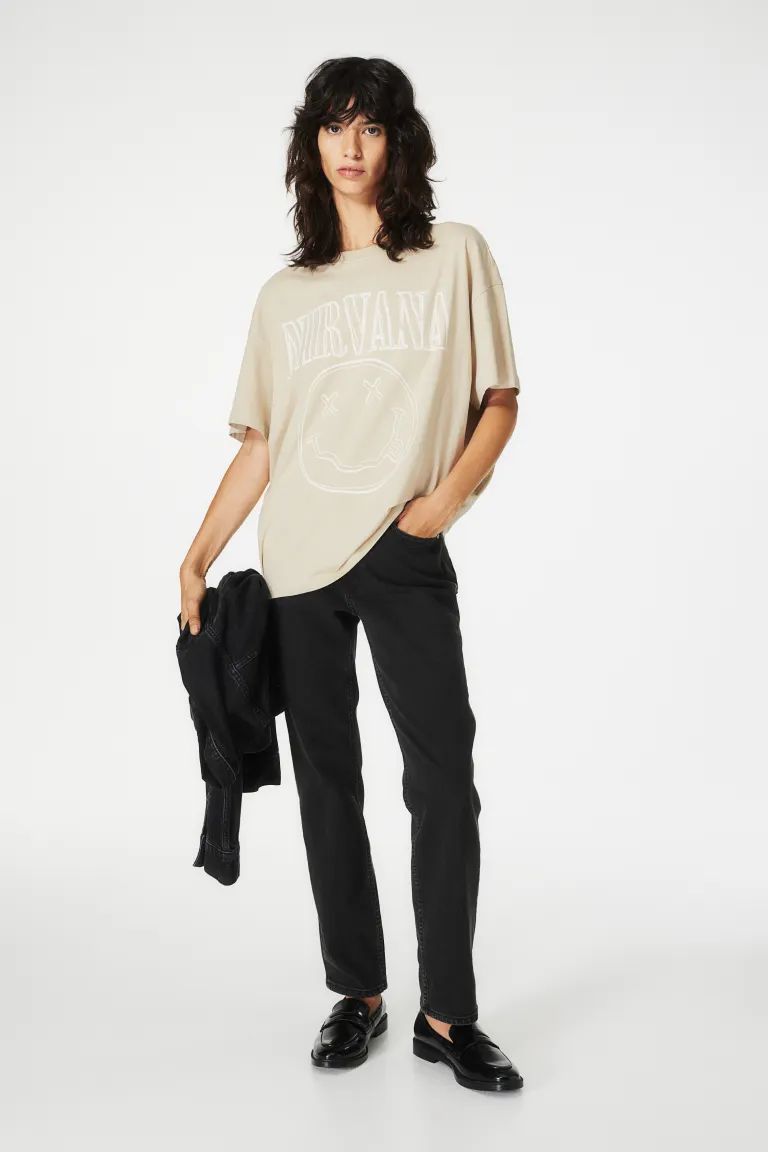 Oversized Printed T-shirt - Beige/Nirvana - Ladies | H&M US | H&M (US + CA)