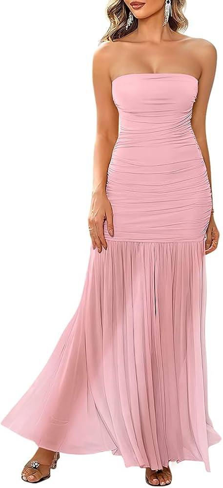 LAGSHIAN Women's Elegant Tube Mesh Maxi Dress Strapless Ruched Bodycon Formal Evening Long Dresse... | Amazon (US)