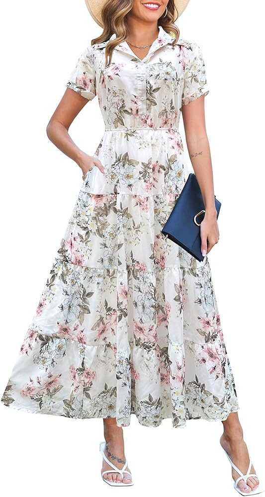 Kranda Women 2026 Summer Collared V Neck Short Sleeve Button Down Chiffon Long Tiered Floral Maxi... | Amazon (US)