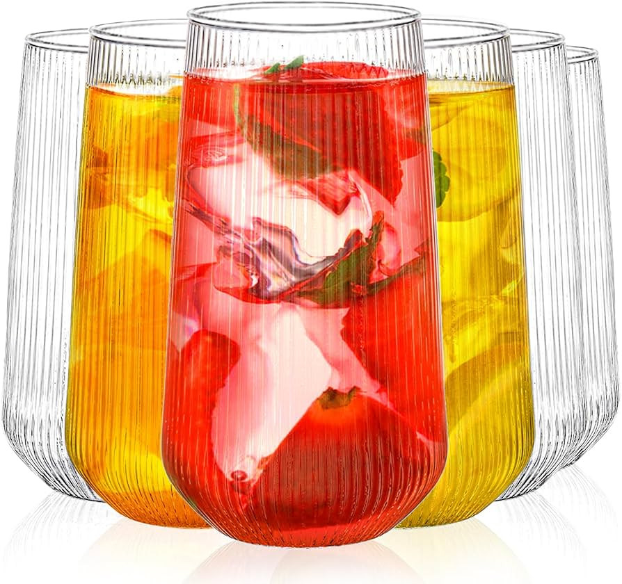 SOUJOY 6 Pack Ribbed Drinking Glasses, 17oz Vintage Highball Glass Cup, Lightweight Tumbler Water... | Amazon (US)