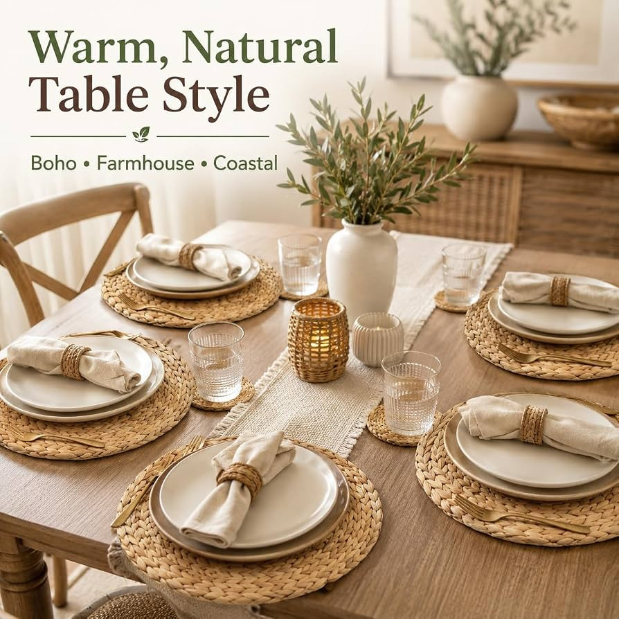 Koyal Wholesale 13.5\u201d Water Hyacinth Placemats Set of 4 Round Woven Charger Plates for Dinne... | Amazon (US)