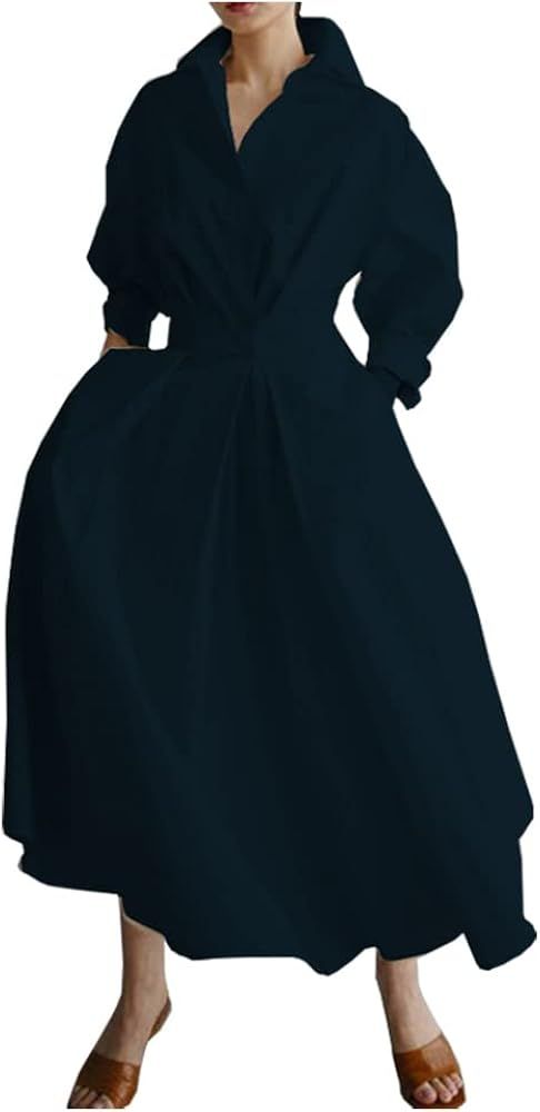 Ladyful Elegant Cotton Shirt Dress for Women A-line Long Sleeve Maxi Dress | Amazon (US)