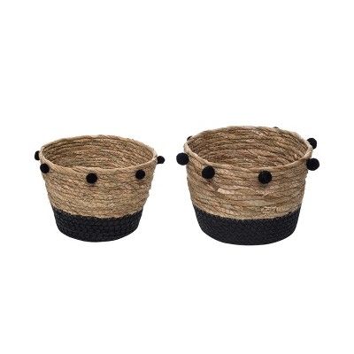 Set of 2 Natural Cattail Decorative Storage Baskets with Pom Poms - Foreside Home & Garden | Target