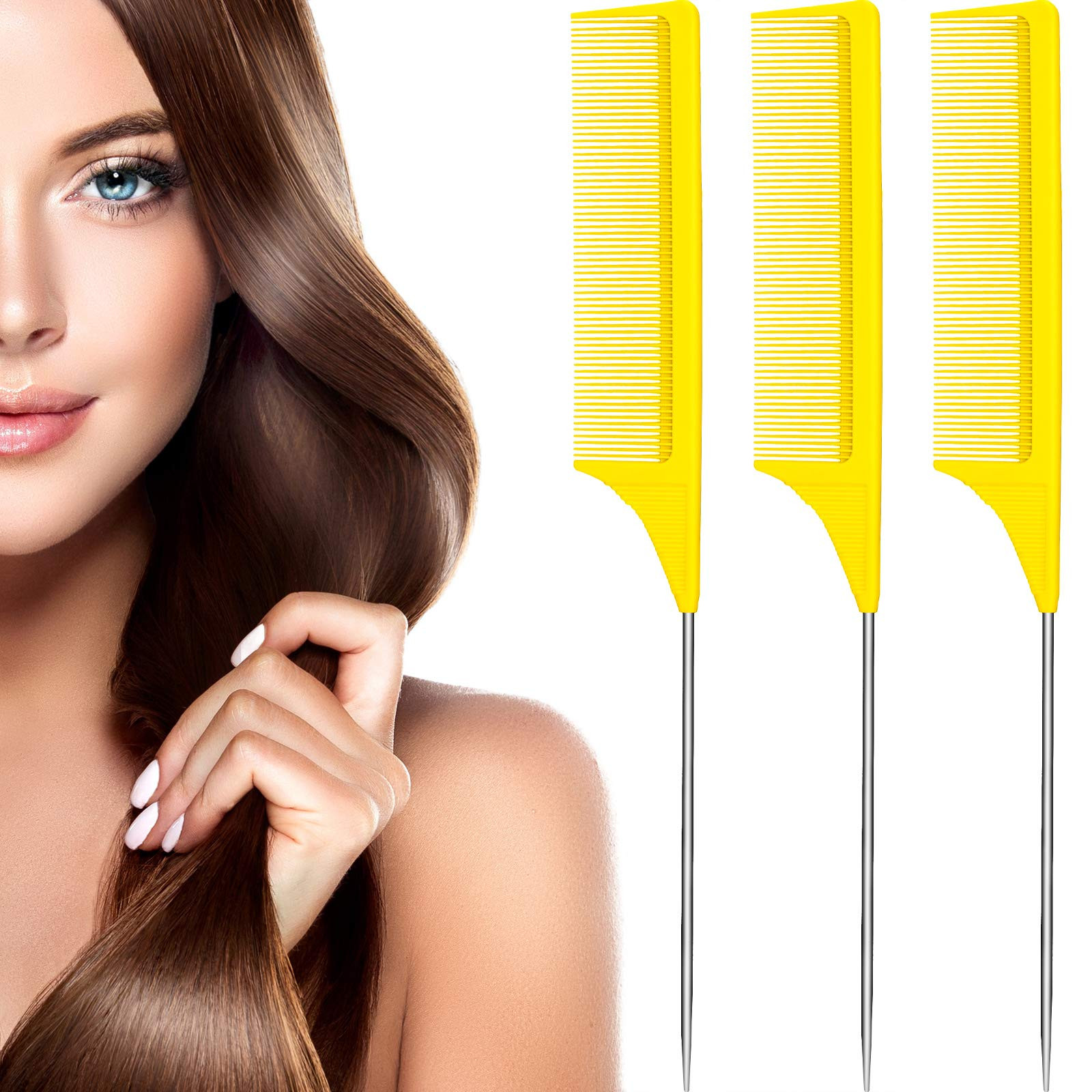 3 Packs Rat Tail Comb Steel Pin Rat Tail Carbon Fiber Heat Resistant Teasing Combs with Stainless... | Amazon (US)