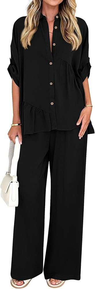 KIRUNDO Two Piece Sets for Women Spring Outfits 2026 Summer Dressy Casual Button Down Shirt Wide ... | Amazon (US)