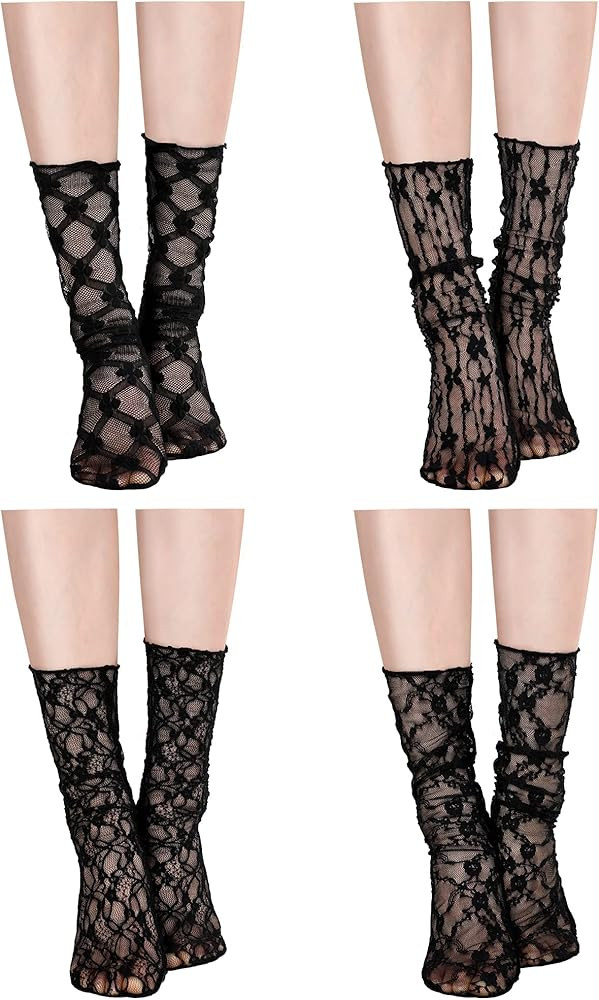 Geyoga 4 Pairs Lace Ankle Dress Socks Ruffle Frilly Mesh Lace Trim Lolita Socks for Women | Amazon (US)