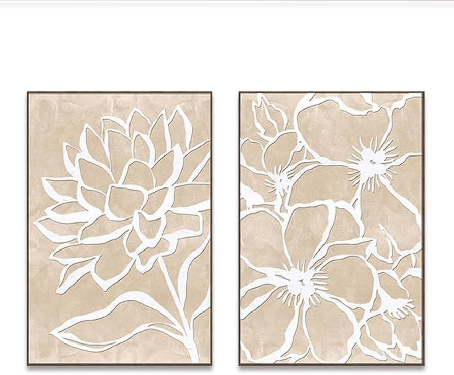 Yelash Living Room Flowers Wall Art, White Linear Floral Pictures Canvas Artwork for Tan Living Room Decor 16 x 24 Set of 2 Brown frame | Amazon (US)