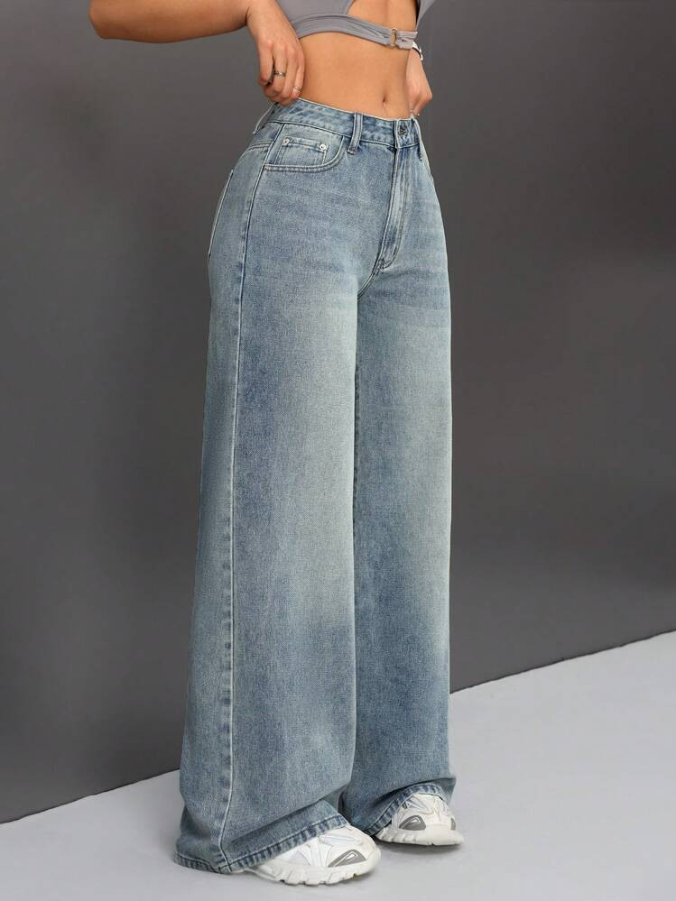 SHEIN ICON Pantalones De Mezclilla De Pierna Ancha Retro Con Bolsillos Para Mujer | SHEIN