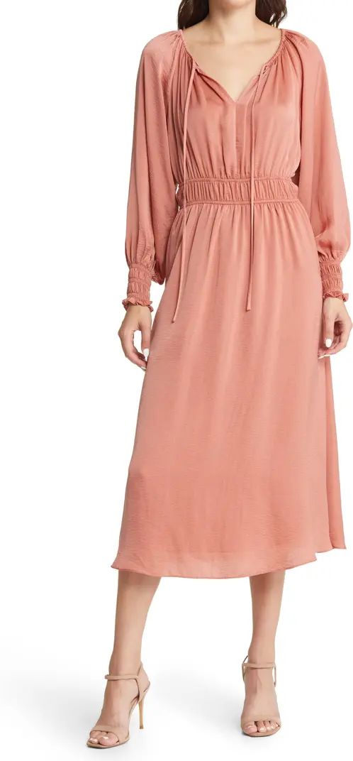 Smocked Waist Long Sleeve Hammered Satin Midi Dress | Nordstrom