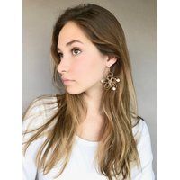 Large Golden Wire Flower Earrings, Gold Bohemian Pearl Statement Minimalist Earrings | Etsy (US)