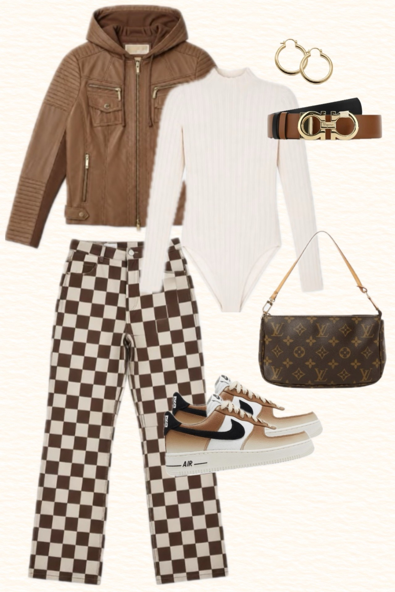 Everyday fall style with a bit of a 90s edgy vibe. Checkered pants, solid bodysuit, tan leather jacket, tan belt, and some fun Nike sneakers. Casual outfit for women.

#LTKdayinmylife #LTKSeasonal #LTKootd
