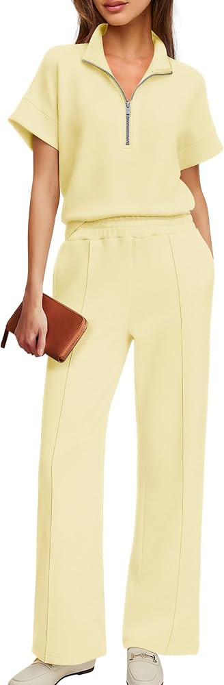 Womens 2 Piece Lounge Set Airport Travel Outfit Short Sleeve Half Zip Wide Leg Pants Summer Track... | Amazon (US)