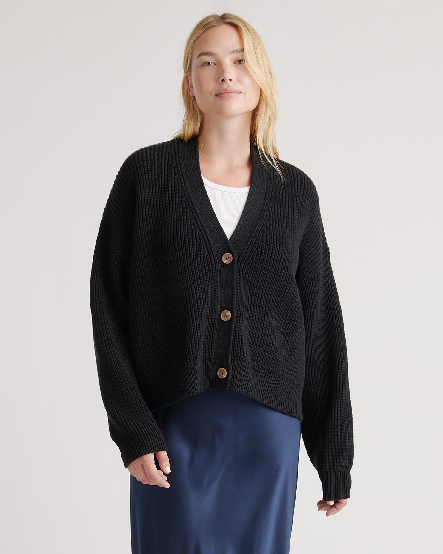 Quince | Women's Fisherman Boxy Cropped Cardigan Sweater in Black, Size Medium, Organic Cotton | Quince