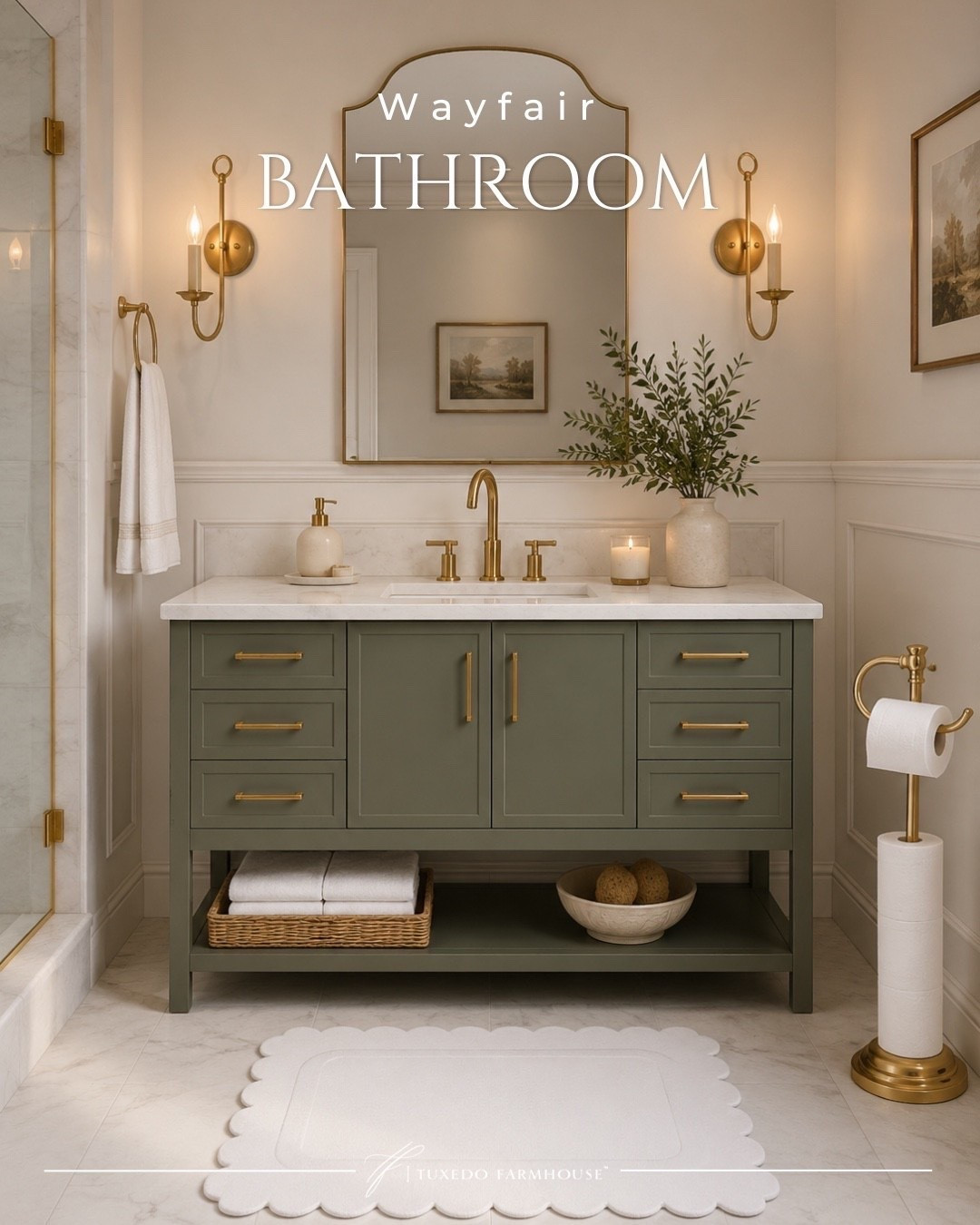 ✨ Bathroom refresh, but make it elegant.

This Wayfair vanity instantly transformed the space with its soft sage finish, marble top, and warm brass details. Paired with classic sconces, an arched mirror, and a scalloped bath mat, it creates that custom designer look without the designer price tag.

If you're thinking about updating your bathroom this season, these are the pieces worth grabbing before they sell out. 

 #LTKSeasonal #LTKHome #LTKSaleAlert
