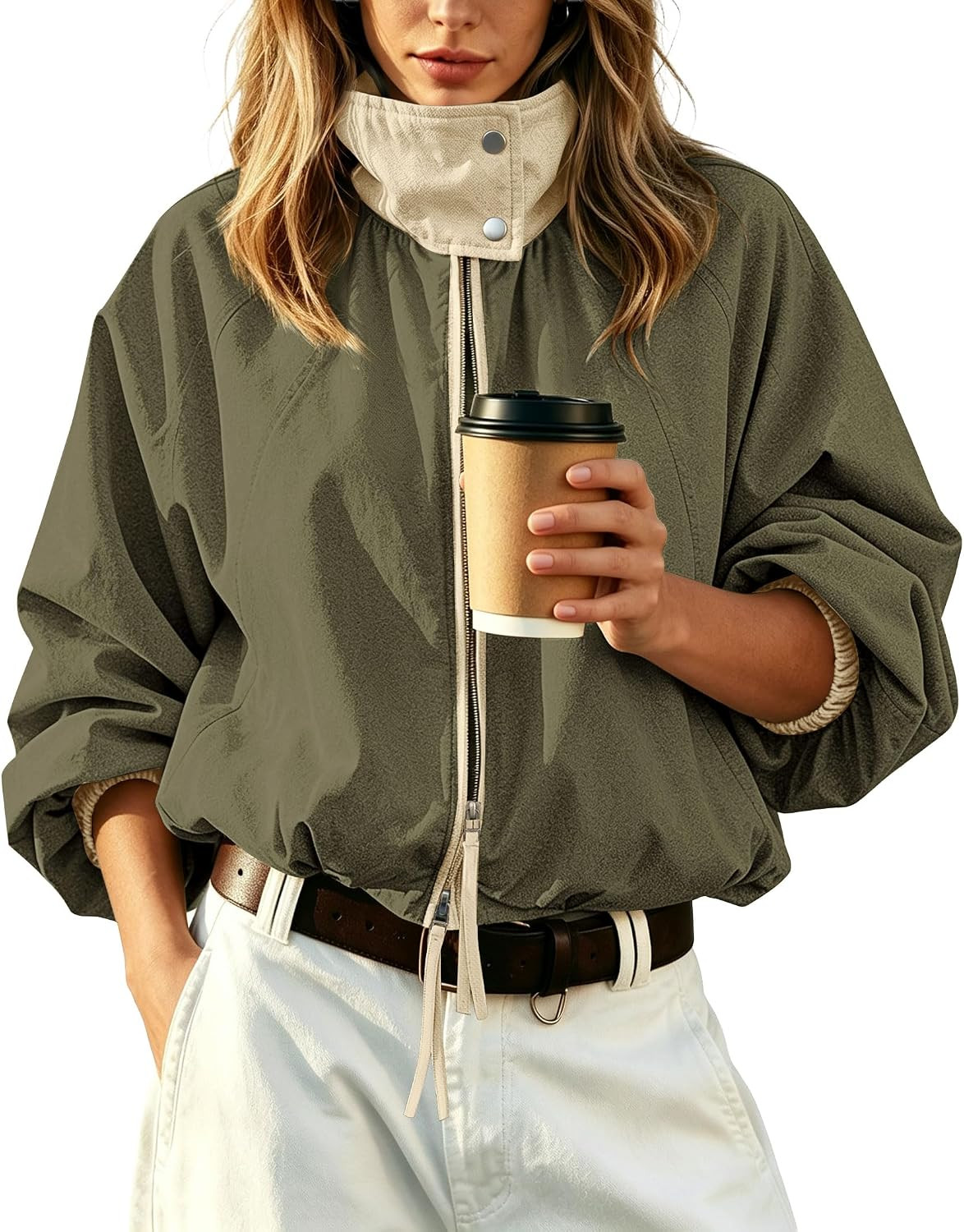 Womens Bomber Jacket Puffed Collar Trench Coat Funnel Neck Cropped Jackets | Amazon (US)
