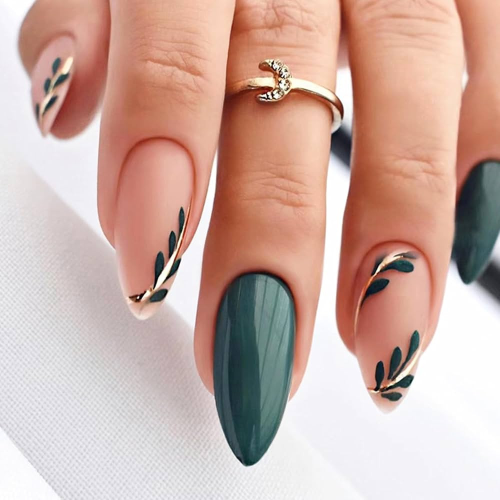 24 Pcs Green Leaf Press on Nails Almond Medium Fake Nails Matte Leaves Nude False Nails Glossy Gr... | Amazon (US)