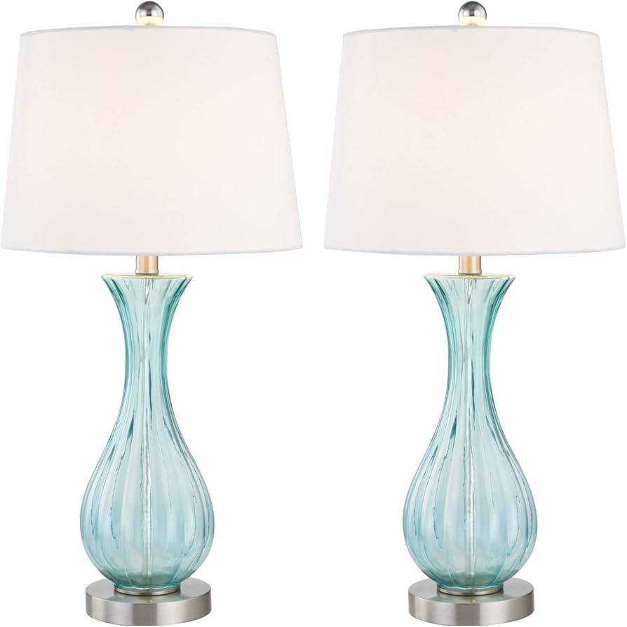 Maxax Glass Table Lamps Set of 2, Modern 25.5" Blue Glass Bedside Lamps with White Shade for Bedr... | Amazon (US)