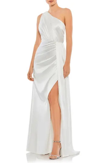 Mac Duggal Gathered One Shoulder Satin Faux Wrap Gown | Nordstrom | Nordstrom