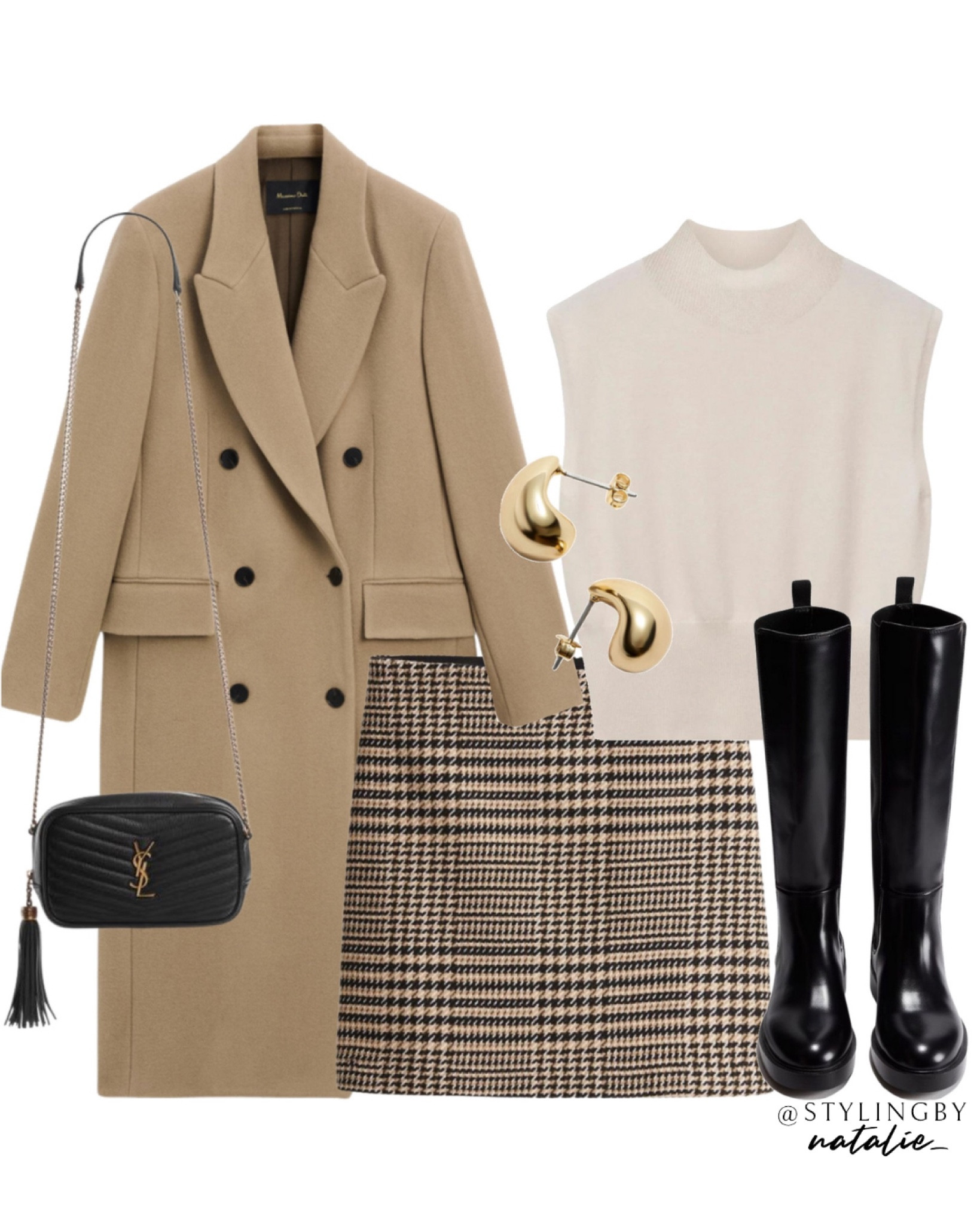Long double breasted wool coat, checkered mini skirt, chunky gloss knee high boots, Saint Laurent crossbody bag, turtleneck crop top. Autumn outfit, winter coat, skirt look, casual chic.

#LTKautumn #LTKstyletip #LTKeurope