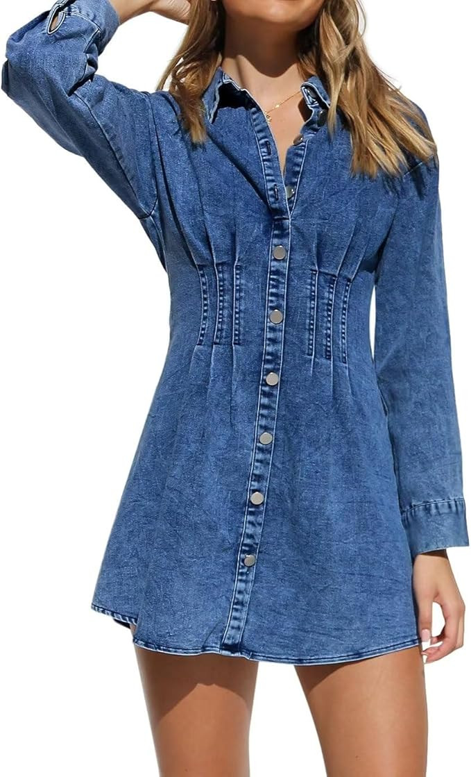 KDF Summer Denim Dress for Women Puff Sleeve Slim Fit Jean Dresses for Women 2023 Casual | Amazon (US)